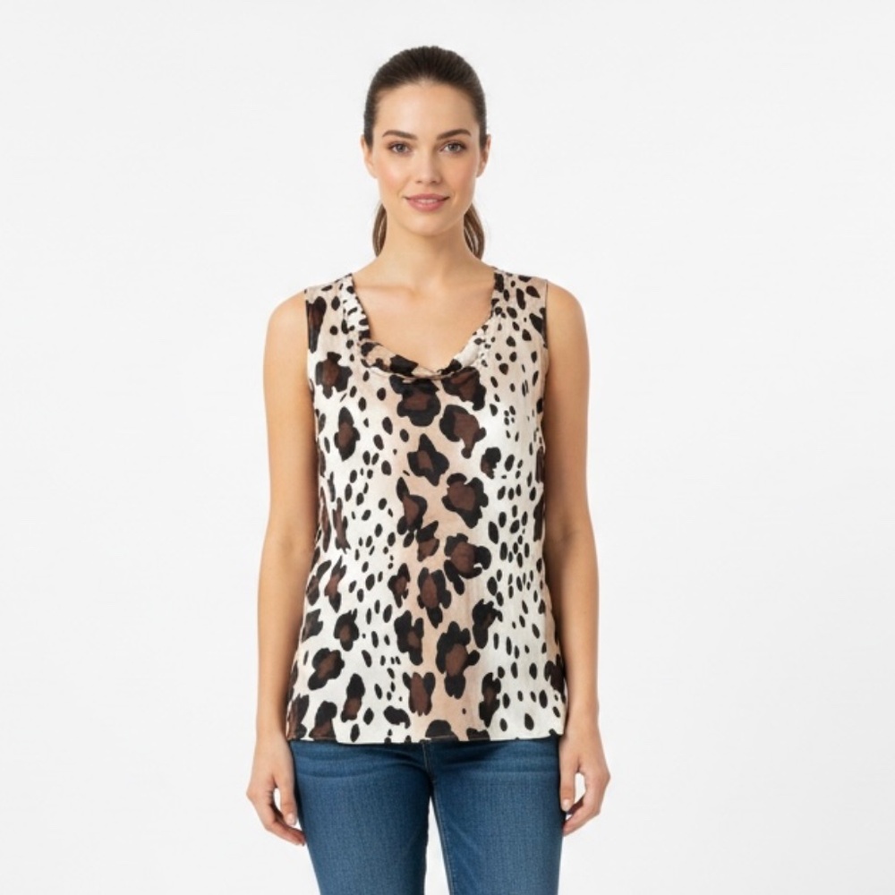 ST. JOHN 100% Silk Beige Tan Black Sleeveless Animal Print Tank Top Sz L